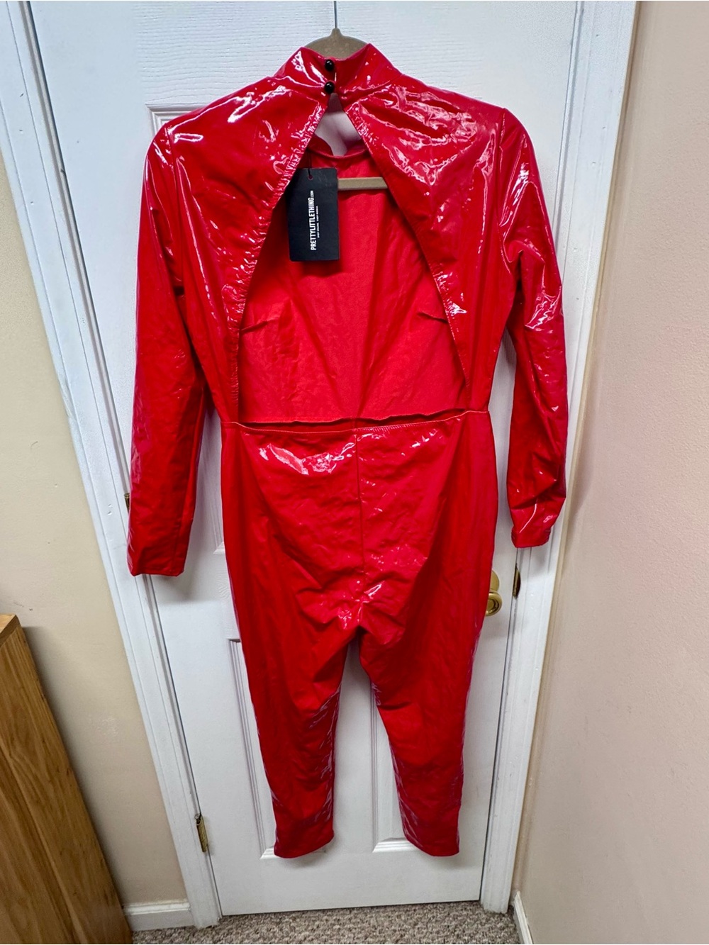 PrettyLittleThing Red Backless High Shine Vinyl Jumpsuit US 8 NWT Halloween - Picture 4 of 14